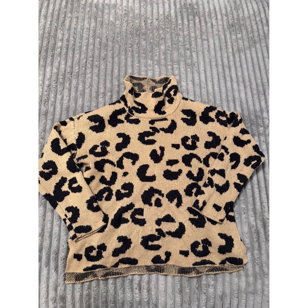 DKNY Womens Leopard Print Turtleneck Sweater Tan Black Animal Knit Size M